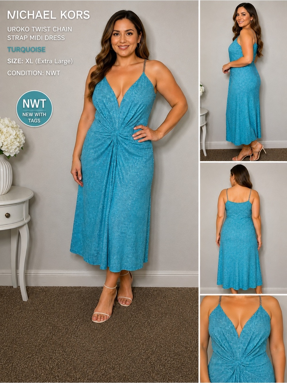 NWT Michael Kors Turquoise Twist
Front Chain Strap Midi Dress Size XL